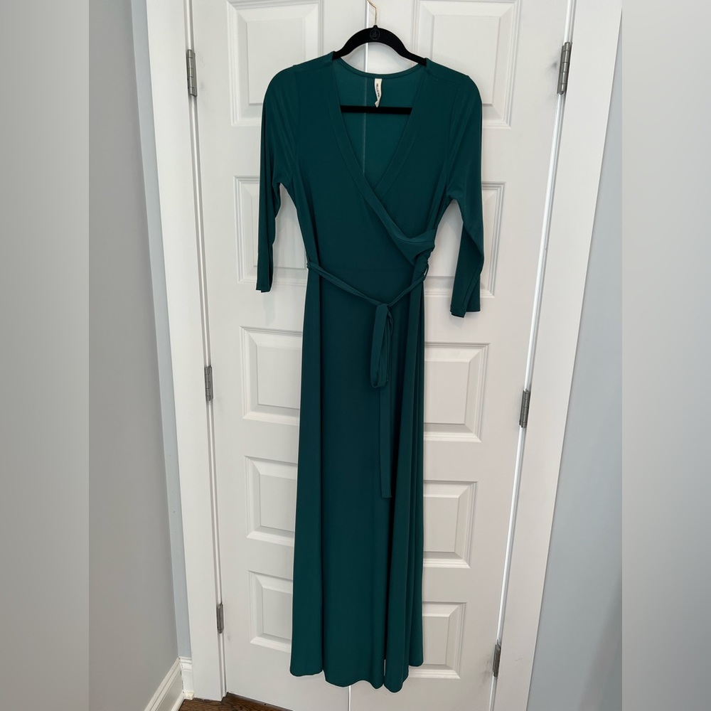 Simple and pretty faux wrap maternity maxi in deep green